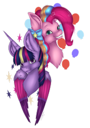 Size: 2060x2911 | Tagged: safe, artist:maneblue, derpibooru import, pinkie pie, twilight sparkle, alicorn, pony, chest fluff, duo, ear fluff, ears, female, mare, rainbow power, simple background, transparent background