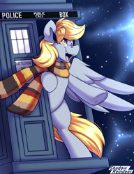 Size: 1000x1300 | Tagged: safe, artist:shadowreindeer, derpibooru import, derpy hooves, pegasus, pony, clothes, doctor who, fourth doctor's scarf, scarf, space, striped scarf, tardis, tom baker's scarf