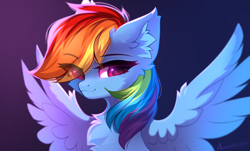 Size: 3192x1925 | Tagged: safe, artist:airiniblock, derpibooru import, rainbow dash, pegasus, pony, bust, chest fluff, ear fluff, ears, eye clipping through hair, eyebrows, eyebrows visible through hair, eyelashes, female, fluffy, gradient background, high res, mare, rcf community, signature, smiling, solo, spread wings, wing fluff, wings