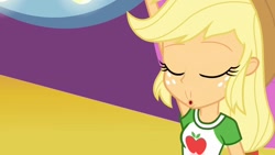 Size: 1280x721 | Tagged: safe, derpibooru import, edit, edited screencap, screencap, applejack, better together, equestria girls, rollercoaster of friendship, applejack's hat, clothes, collar, cowboy hat, cutie mark on clothes, hat, shirt, shirt collar, solo, t-shirt