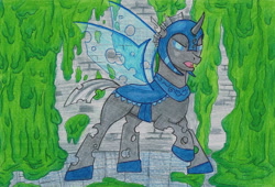 Size: 2258x1533 | Tagged: safe, artist:assertiveshypony, derpibooru import, changeling, pony, armor, fangs, simple background