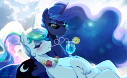 Size: 1920x1183 | Tagged: safe, artist:walliscolours, derpibooru import, princess celestia, princess luna, alicorn, pony, alcohol, alternate hairstyle, blushing, chest fluff, drinking, eyes closed, flower, leg fluff, royal sisters, siblings, sisters, sunglasses, sweat, sweatdrops, vacation