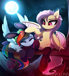 Size: 1847x2048 | Tagged: safe, artist:magnaluna, derpibooru import, edit, fluttershy, rainbow dash, bat pony, pegasus, pony, :3, animal costume, backwards cutie mark, bat ponified, bat wings, clothes, costume, duo, duo female, explicit source, female, flutterbat, head pat, hug, leg hug, mare, moon, on a branch, pat, race swap, sfw edit, socks, stockings, thigh highs, tree, tree branch, wings