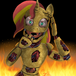 Size: 1280x1280 | Tagged: safe, artist:cjv2004, derpibooru import, sunset shimmer, human, pony, unicorn, equestria girls, fire, five nights at freddy's, springtrap