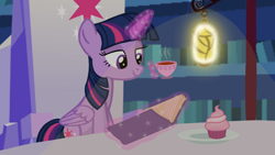 Size: 1280x720 | Tagged: safe, artist:mlplary6, derpibooru import, twilight sparkle, twilight sparkle (alicorn), alicorn, pony, book, cupcake, cutie map, female, food, reading, solo, tea, twilight's castle