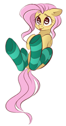 Size: 789x1491 | Tagged: safe, artist:vetta, derpibooru import, fluttershy, pegasus, pony, :p, blushing, clothes, dock, ear fluff, ears, female, floppy ears, full body, heart eyes, hooves, legs in air, lying down, mare, on back, simple background, socks, solo, stockings, striped socks, tail, thigh highs, tongue, tongue out, white background, wingding eyes