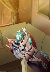 Size: 2522x3634 | Tagged: safe, artist:andaluce, derpibooru import, oc, oc only, oc:haze northfleet, oc:malachite cluster, bat pony, pegasus, pony, afternoon, cozy, cuddling, cute, female, male, mare, pillow, sleeping, sofa, stallion