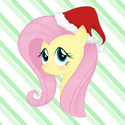 Size: 1280x1280 | Tagged: safe, artist:theelvinartist, derpibooru import, fluttershy, pegasus, pony, abstract background, christmas, cute, female, hat, holiday, mare, santa hat, shyabetes, solo