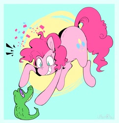 Size: 2000x2065 | Tagged: safe, artist:urbanqhoul, derpibooru import, gummy, pinkie pie, alligator, earth pony, pony, confetti, duo, female, high res, male, mare, smiling