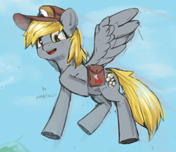 Size: 851x734 | Tagged: safe, artist:drawfag621, ponerpics import, derpy hooves, pegasus, pony, aggie.io, female, flying, hat, mare, open mouth, raised hoof, raised leg, smiling, spread wings, wings