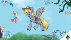 Size: 1920x1080 | Tagged: safe, artist:drawfag621, ponerpics import, bon bon, derpy hooves, flitter, fluttershy, lyra heartstrings, pinkie pie, rainbow dash, sweetie drops, oc, oc:anon filly, earth pony, pegasus, pony, unicorn, aggie.io, balloon, canterlot, castle, earth pony oc, eyes closed, female, filly, flying, foal, food, hat, mountain, open mouth, open smile, painting, pizza, plane, ponyville, raised hoof, raised leg, sketch, sky, smiling, spread wings, tentacles, text, thinking, thought bubble, wings