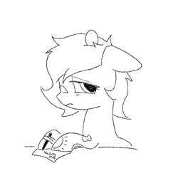 Size: 800x800 | Tagged: safe, artist:anonymous, ponerpics import, oc, oc:anon filly, pony, drawing, female, filly, foal, frown, mare, monochrome, paper, pen, simple background