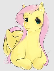 Size: 689x905 | Tagged: safe, artist:rmb2704, derpibooru import, fluttershy, pegasus, pony, cute, female, gray background, looking at you, lying down, mare, prone, shyabetes, simple background, solo