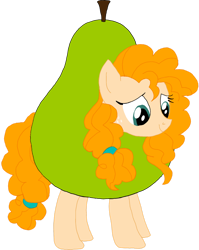 Size: 1280x1608 | Tagged: safe, artist:kigtoons, derpibooru import, pear butter, earth pony, pony, clothes, costume, food, food costume, pear, pear costume, simple background, solo, transparent background