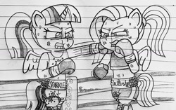 Size: 1280x803 | Tagged: safe, artist:ct1443ae, derpibooru import, fluttershy, twilight sparkle, twilight sparkle (alicorn), alicorn, pegasus, semi-anthro, alternate hairstyle, boxing gloves, boxing ring, bruised, duo, female, gritted teeth, lined paper, mare, mouth guard, pencil drawing, ponytail, punch, sweat, traditional art