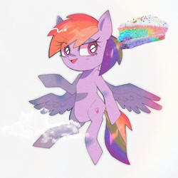 Size: 1500x1500 | Tagged: safe, artist:destroyer_aky, derpibooru import, rainbow dash, pegasus, pony, bipedal, cake, cake slice, eye clipping through hair, eyebrows, eyebrows visible through hair, female, food, looking at you, mare, open mouth, rainbow cake, simple background, solo, spread wings, white background, wings