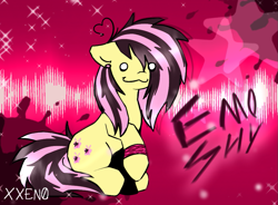 Size: 979x720 | Tagged: safe, artist:zeffdakilla, derpibooru import, fluttershy, pegasus, digital art, ear piercing, earring, emo, emoshy, female, jewelry, piercing, raised hoof, raised leg, sitting, smiling, wristband