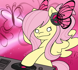 Size: 900x816 | Tagged: safe, artist:zeffdakilla, derpibooru import, fluttershy, butterfly, pegasus, pony, alternate hairstyle, butterfly headphones, butterfly wings, dj fluttershy, happy, headphones, ponytail, record, redraw, smiling, turntable, wings