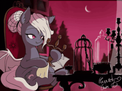 Size: 800x600 | Tagged: safe, artist:hauntedtuba, derpibooru import, bat pony, pony, animated, candelabra, chair, cleaning, fangs, female, gif, looking at something, mare, moon, signature, sitting, solo, table