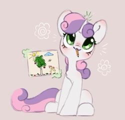 Size: 804x773 | Tagged: safe, artist:melodylibris, derpibooru import, sweetie belle, pony, unicorn, blushing, cute, diasweetes, drawing, female, filly, foal, levitation, magic, mouth hold, pencil drawing, simple background, sitting, solo, telekinesis, traditional art