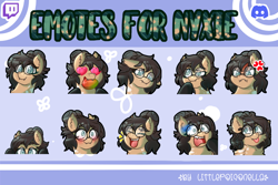 Size: 700x467 | Tagged: safe, artist:littlepoisonella, derpibooru import, oc, oc only, oc:nixie tube, bat pony, earth pony, hybrid, :p, angry, blushing, chest fluff, cross-popping veins, ear fluff, ears, emotes, fangs, food, glasses, heart eyes, laughing, mango, mouth hold, owo, peeking, sad, shocked, shocked expression, smiling, solo, thinking, tongue, tongue out, wingding eyes