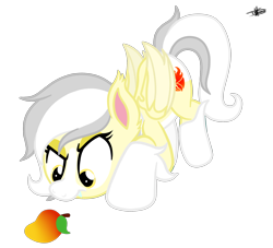 Size: 2392x2172 | Tagged: safe, artist:princessmoonsilver, derpibooru import, oc, oc:fiery heart, bat pony, pony, female, food, mango, mare, simple background, solo, transparent background