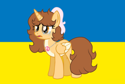 Size: 1000x667 | Tagged: safe, artist:doraeartdreams-aspy, derpibooru import, oc, oc only, oc:aspen, alicorn, crying, current events, flag, sad, solo, ukraine