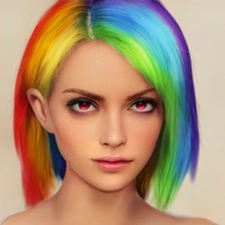 Size: 512x512 | Tagged: safe, artist:diameltzowo, derpibooru import, rainbow dash, human, blushing, bust, computer generated, cute, female, humanized, irl, looking up, multicolored hair, neural network, photo, pink eyes, portrait, rainbow hair, realistic, red eyes, simple background, solo