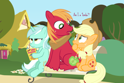 Size: 1800x1200 | Tagged: safe, artist:dm29, derpibooru import, applejack, big macintosh, lyra heartstrings, earth pony, pony, unicorn, bedroom eyes, bench, book, brother and sister, cowboy hat, female, hat, horn, looking at each other, looking at someone, lyra is not amused, magazine, male, meme, open mouth, park, ponyville, reading, siblings, sitting, sitting lyra, smiling, smirk, tail, talking, tree, unamused