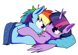 Size: 4100x2900 | Tagged: safe, artist:dacaoo, derpibooru import, rainbow dash, twilight sparkle, twilight sparkle (alicorn), alicorn, pegasus, pony, blanket, chest fluff, female, horn, lesbian, looking at each other, looking at someone, lying down, lying on top of someone, mare, nuzzling, on back, pillow, prone, shipping, simple background, transparent background, twidash, wings