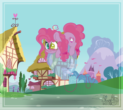 Size: 1072x954 | Tagged: safe, artist:stormcloud-yt, derpibooru import, oc, oc only, earth pony, pony, balloon, base used, building, earth pony oc, female, heterochromia, mare, outdoors, parent:pinkie pie, signature