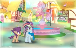 Size: 3059x1961 | Tagged: safe, artist:stormcloud-yt, derpibooru import, oc, oc only, pegasus, pony, base used, building, clothes, duo, female, filly, foal, grin, mare, multicolored hair, outdoors, pegasus oc, rainbow hair, scarf, smiling, statue, wings