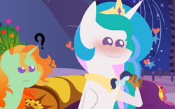 Size: 1152x722 | Tagged: safe, artist:stormcloud-yt, derpibooru import, princess celestia, oc, alicorn, pony, unicorn, base used, blushing, female, frown, heart, hoof hold, indoors, jewelry, mare, parent:princess celestia, peytral, pointy ponies, shipper on deck, tiara, toy