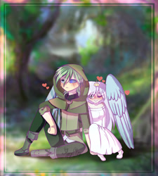 Size: 2326x2579 | Tagged: safe, artist:stormcloud-yt, derpibooru import, oc, oc only, human, blushing, clothes, dress, duo, heart, heterochromia, humanized, one eye closed, outdoors, sitting, smiling, winged humanization, wings, wink