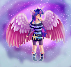 Size: 2515x2384 | Tagged: safe, artist:stormcloud-yt, derpibooru import, oc, oc only, human, alicorn humanization, clothes, compression shorts, female, high heels, horn, horned humanization, humanized, offspring, parent:flash sentry, parent:twilight sparkle, parents:flashlight, shoes, shorts, solo, stars, winged humanization, wings