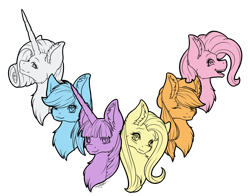 Size: 2766x2168 | Tagged: safe, artist:maneblue, derpibooru import, applejack, fluttershy, pinkie pie, rainbow dash, rarity, twilight sparkle, unicorn twilight, earth pony, pegasus, pony, unicorn, bust, ear fluff, ears, female, hat, mane six, mare, one eye closed, simple background, transparent background, wink