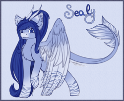 Size: 2708x2214 | Tagged: safe, artist:maneblue, derpibooru import, oc, oc only, pony, ear fluff, ears, horns, leonine tail, raised hoof, raised leg, solo, tail, wings