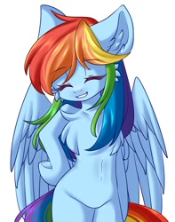 Size: 728x926 | Tagged: safe, alternate version, artist:distant_sound_, derpibooru import, rainbow dash, pegasus, pony, semi-anthro, bipedal, cheek fluff, chest fluff, cute, ear fluff, ears, eyes closed, female, mare, open mouth, simple background, smiling, solo, white background