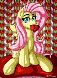 Size: 800x1100 | Tagged: safe, artist:xjkenny, derpibooru import, fluttershy, pegasus, pony, female, holiday, hooves, mare, mouth hold, shading, signature, sitting, solo, valentine's day