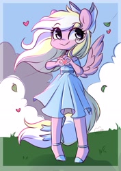 Size: 2480x3508 | Tagged: safe, artist:sakukitty, derpibooru import, oc, oc only, oc:bay breeze, anthro, pegasus, pony, bow, clothes, dress, female, hair bow, heart hands, mare, pegasus oc, sketch, tail, tail bow