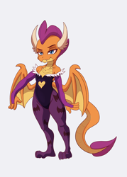 Size: 2500x3500 | Tagged: safe, artist:chedx, derpibooru import, smolder, dragon, clothes, cosplay, costume, darkstalkers, dragoness, female, looking at you, looking back, morrigan aensland, simple background, smiling, smiling at you, solo, white background