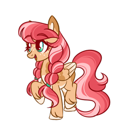 Size: 500x500 | Tagged: safe, artist:randbrip, derpibooru import, oc, oc only, pegasus, pony, coat markings, freckles, offspring, open mouth, open smile, parent:big macintosh, parent:fluttershy, parents:fluttermac, raised hoof, raised leg, simple background, smiling, solo, transparent background, twin braids, unshorn fetlocks