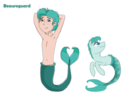 Size: 1654x1231 | Tagged: safe, artist:ocean lover, artist:torusthescribe, derpibooru import, oc, oc only, oc:beauregard, oc:beaureguard, human, sea pony, arm behind head, belly button, chest, cute, fish tail, freckles, handsome, humanized, looking at you, male, merboy, mermaid tail, merman, tail, text