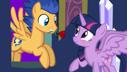 Size: 1280x720 | Tagged: safe, artist:mlplary6, derpibooru import, flash sentry, twilight sparkle, twilight sparkle (alicorn), alicorn, pegasus, pony, blushing, female, flashlight, flower, looking at each other, male, rose, shipping, smiling, smiling at each other, straight, window