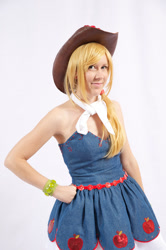 Size: 681x1024 | Tagged: safe, artist:nyunyucosplay, derpibooru import, applejack, human, equestria girls, applejack's hat, bare shoulders, clothes, cosplay, costume, cowboy hat, fall formal outfits, hat, irl, irl human, photo, simple background, sleeveless, solo, strapless, white background
