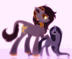 Size: 4027x3275 | Tagged: safe, artist:angie imagines, derpibooru import, oc, oc only, oc:blackbird, oc:madana, alicorn, demon, demon pony, pony, black sclera, bowtie, broken horn, chest fluff, eyeshadow, female, glowing, glowing cutie mark, glowing eyes, glowing horn, horn, leonine tail, lidded eyes, long mane, makeup, male, size difference, tail, unshorn fetlocks