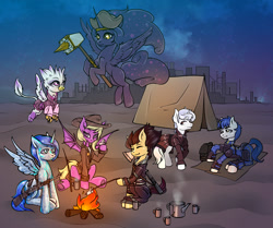 Size: 2814x2356 | Tagged: safe, artist:leastways, derpibooru import, oc, oc only, oc:citrine, oc:collateral damage, oc:moonstone, oc:princess purr, oc:royal mulberry, oc:silver star, oc:winter arcane, alicorn, bat pony, crystal pony, earth pony, griffon, pony, unicorn, fallout equestria, alicorn oc, bat pony oc, battle saddle, camping, clothes, commission, cup, fire, griffon oc, gun, horn, night, sketch, teacup, teapot, tent, weapon, wings