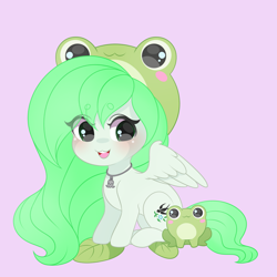 Size: 2000x2000 | Tagged: safe, artist:yomechka, derpibooru import, oc, oc only, oc:sparrow gale, frog, pegasus, chibi, frog hat, green mane, hat, jewelry, necklace, pegasus oc, simple background, solo