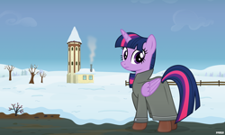 Size: 5000x3000 | Tagged: safe, artist:a4r91n, derpibooru import, twilight sparkle, twilight sparkle (alicorn), alicorn, pony, boots, clothes, coat, female, fence, looking at you, mare, scenery, shoes, snow, tower, tree, winter