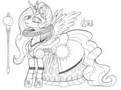 Size: 2000x1491 | Tagged: safe, artist:sepiakeys, derpibooru import, princess celestia, pony, clothes, dress, ear fluff, ears, elizabethan, female, jewelry, lineart, monochrome, regalia, ruff (clothing), shoes, solo